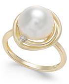 Cultured Freshwater Pearl (10mm) And Diamond Accent Swirl Ring In 14k Gold