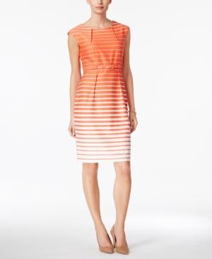 Connected Petite Belted Striped Sheath Dress