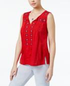 Lucky Brand Embroidered Tassel-tie Top