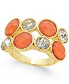 Inc International Concepts Gold-tone Coral Stone And Crystal Two-row Ring, Only At Macy's