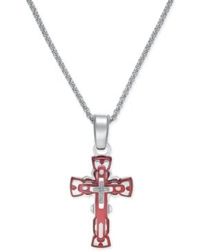 Men's Diamond Accent Cross Pendant Necklace In Red Anodized Aluminum And Stainless Steel