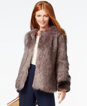 Vera Wang Collarless Faux-fur Contrast Coat