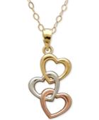 Tri-tone Triple Heart Pendant Necklace In 10k Yellow, White And Rose Gold