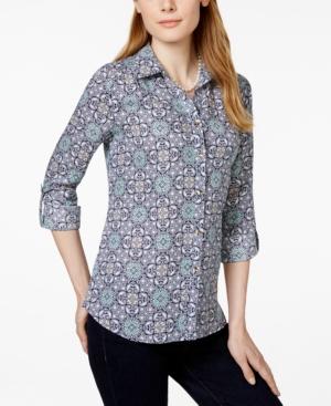 Charter Club Linen Roll-tab-sleeve Shirt, Medallion Print