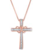 Diamond Heart And Cross 18 Pendant Necklace (1/10 Ct. T.w.) In 14k Rose Gold-plated Sterling Silver