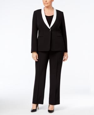 Tahari Asl Plus Size Contrast-trim One-button Pantsuit