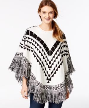 Kensie Printed Fringe-detail Sweater Poncho