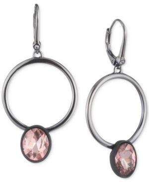 Dkny Hematite-tone & Black Rubber Purple Stone Drop Hoop Earrings, Created For Macy's