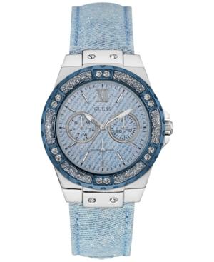 Guess Women's Sky Blue Sparkle Denim On Leather Strap Watch 39mm U0775l1