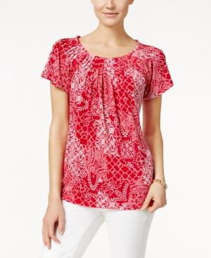 Style & Co. Petite Printed Pleat-neck Top, Only At Macy's