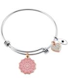 Unwritten Happiness Blooms From Within Flower & Heart Charm Bangle Bracelet In Stainless Steel And Rose Gold-tone