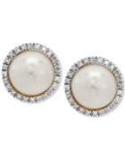 Cultured Freshwater Pearl (8mm) & Diamond (1/8 Ct. T.w.) Halo Stud Earrings In 10k Gold