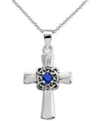 Blue Crystal Celtic Cross Pendant Necklace In Sterling Silver