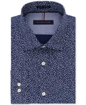 Tommy Hilfiger Men's Slim-fit Soft-touch Performance Non-iron Navy Print Dress Shirt