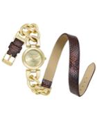 Charter Club Women's Gold-tone Link And Brown Faux Snakeskin Double Wrap Polyurethane Strap Watch 25mm 17193, Only At Macy's