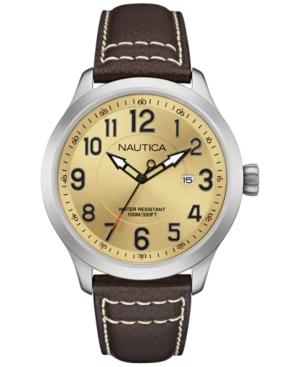 Nautica Men's Brown Leather Strap Watch 44mm Nad10006g