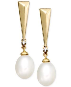 Cultured Freshwater Pearl (7mm) And Diamond Accent Drop Earrings In 14k Gold