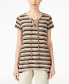 Style & Co Petite Striped Lace-up Top, Only At Macy's