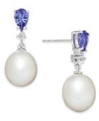 Tanzanite (3/4 Ct. T.w.), Cultured Freshwater Pearl (8-1/2mm) & Diamond Accent Drop Earrings In 14k White Gold