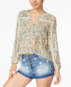 American Rag Juniors' Sheer Printed Crochet-trim Pintucked Blouse, Created For Macy's
