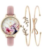 Inc International Concepts Women's Pink Leather Strap Watch & Bracelet Set 34mm In019gbl, Only At Macy's
