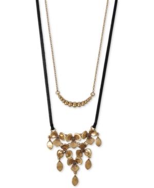 Lucky Brand Gold-tone Crystal Flower & Bead Layered Leather Necklace, 19 + 2 Extender
