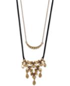 Lucky Brand Gold-tone Crystal Flower & Bead Layered Leather Necklace, 19 + 2 Extender