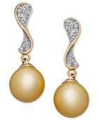 14k Gold Earrings, Cultured Golden South Sea Pearl (10mm) And Diamond (1/4 Ct. T.w.) Wave Earrings