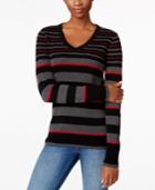 Karen Scott Petite Striped V-neck Ribbed Sweater, Only At Macy's