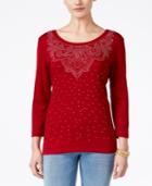 Karen Scott Studded Three-quarter-sleeve Top, Only At Macy's