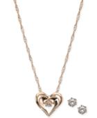 Charter Club Rose Gold-tone Crystal Dancing Heart 18 Pendant Necklace & Stud Earrings