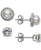 Belle De Mer 2-pc. Set Cultured Freshwater Pearl (6mm) & Cubic Zirconia Stud Earrings In Sterling Silver, Created For Macy's