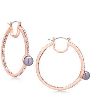 Guess Rose Gold-tone Pave And Gray Imitation Pearl Hoop Earrings