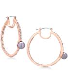 Guess Rose Gold-tone Pave And Gray Imitation Pearl Hoop Earrings