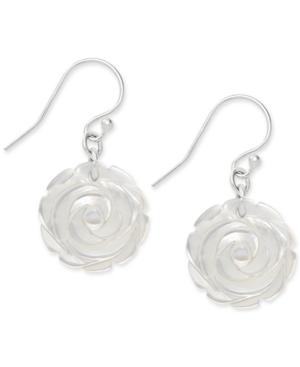 Mother Of Pearl Carved Rose Drop Earrings In Sterling Silver (16mm)