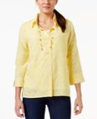 Alfred Dunner Petite Printed Button-down Necklace Top