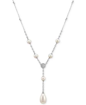 Majorica Sterling Silver Imitation White Pearl And Crystal Lariat Necklace