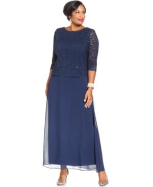 Alex Evenings Plus Size Three-quarter-sleeve Sequined Lace Gown