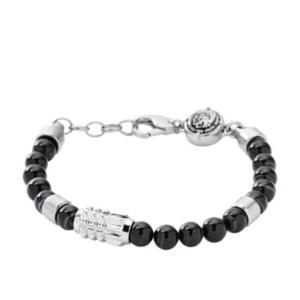 Diesel Men's Silver Tone And Black Agate Stainless-steel Beaded Bracelet