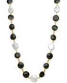 Onyx (11-1/2mm) And Cultured Freshwater Pearl (11-1/2mm) Necklace In 18k Gold Over Sterling Silver