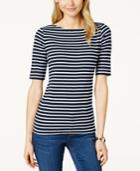 Charter Club Pima Elbow-sleeve Striped Top, Only At Macy's