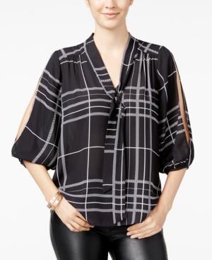 Bcx Juniors' Printed Tie-front Split-sleeve Top