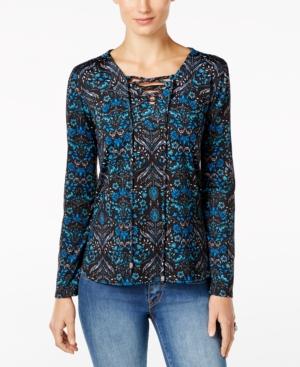 Ny Collection Petite Printed Lace-up Peasant Top