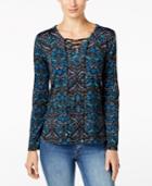 Ny Collection Petite Printed Lace-up Peasant Top