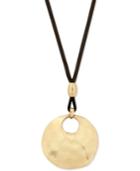 Lucky Brand Gold-tone Hammered Disk Black Leather Pendant Necklace