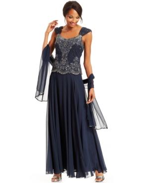 J Kara Beaded Bodice Chiffon Gown And Shawl
