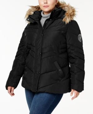 Madden Girl Trendy Plus Size Faux-fur-trimmed Hooded Chevron Puffer Coat