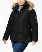 Madden Girl Trendy Plus Size Faux-fur-trimmed Hooded Chevron Puffer Coat