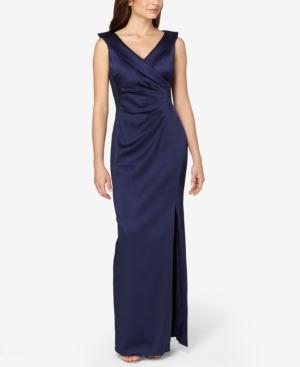 Tahari Asl Portrait-collar Ruched Column Gown