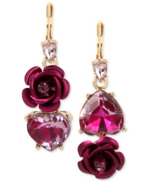 Betsey Johnson Two-tone Pink Crystal Heart & Flower Mismatch Earrings
